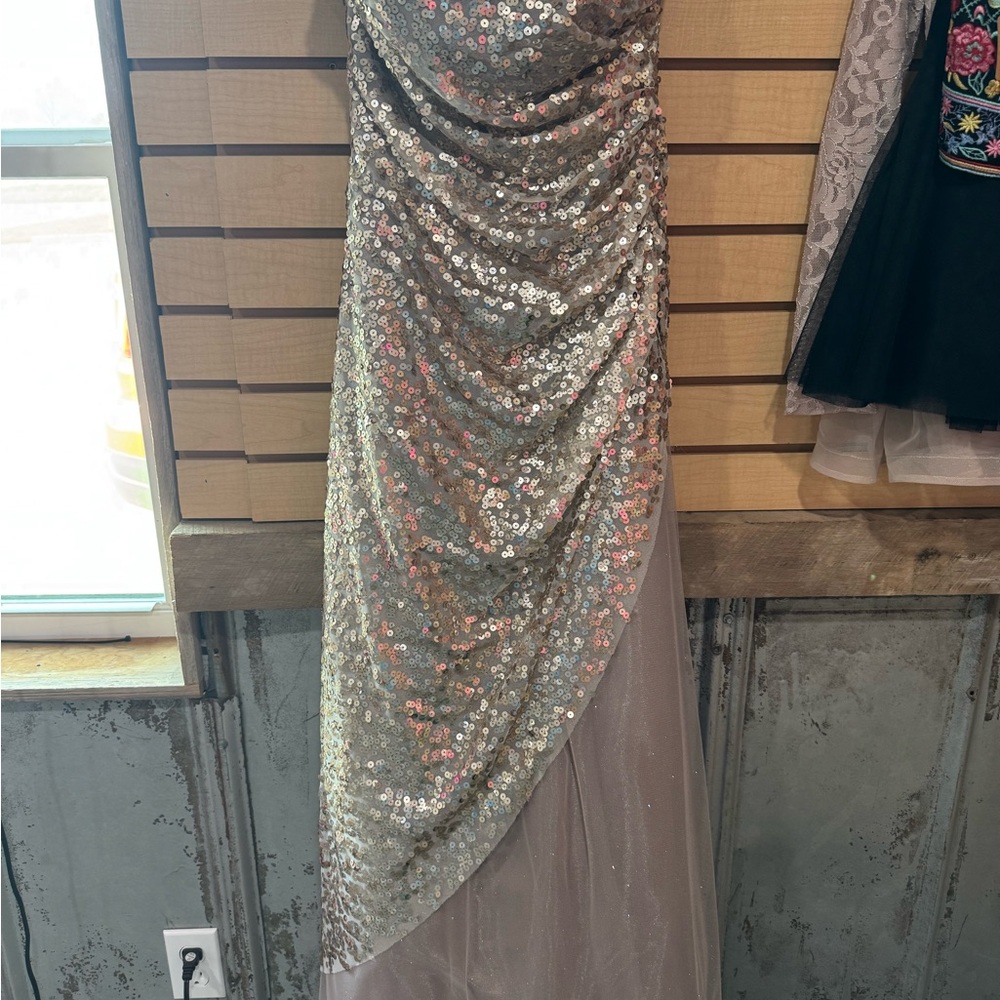 Deb Sequin‎ Draped Prom Gown in Champagne Rose